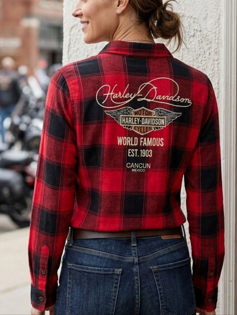 Harley-Davidson® Women's World Famous Plaid Long Sleeve Shirt, Red Black